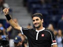 Roger Federer of Switzerland waves to the crowd after his win over Sumit Nagal of India in the first round on day one of the 2019 U.S. Open tennis tournament at USTA Billie Jean King National Tennis Center on August 27, 2019