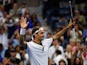Roger Federer of Switzerland reacts after defeating Damir Dzumhur of Bosnia and Herzegovina (not pictured) in the second round on day three of the 2019 U.S. Open tennis tournament at USTA Billie Jean King National Tennis Center on August 28, 2019