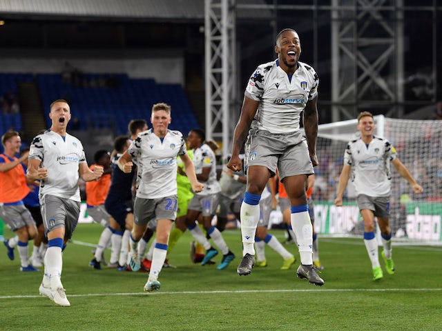 Colchester United's Ryan Jackson celebrates at the end of the match on August 27, 2019