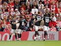 Manchester United players celebrate Daniel James's goal against Southampton in the Premier League on August 31, 2019