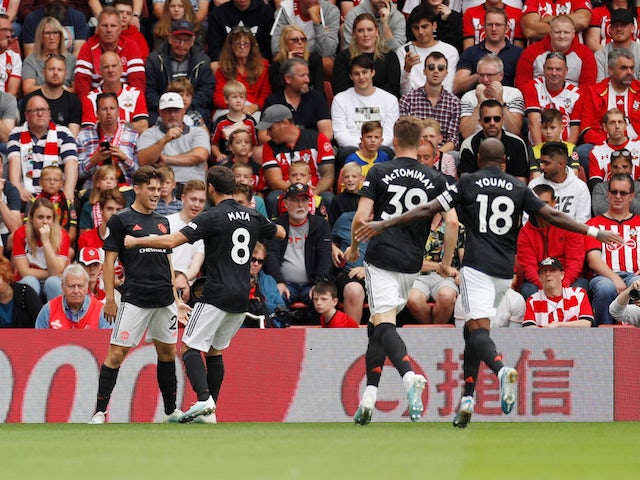 Manchester United players celebrate Daniel James's goal against Southampton in the Premier League on August 31, 2019