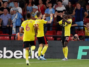 Watford's Ismaila Sarr celebrates scoring their first goal with team mates on August 27, 2019