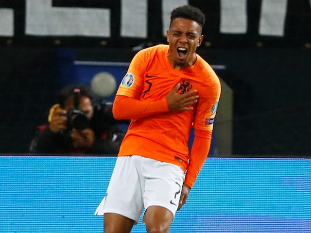 Donyell Malen celebrates scoring for the Netherlands on September 6, 2019