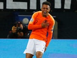 Donyell Malen celebrates scoring for the Netherlands on September 6, 2019