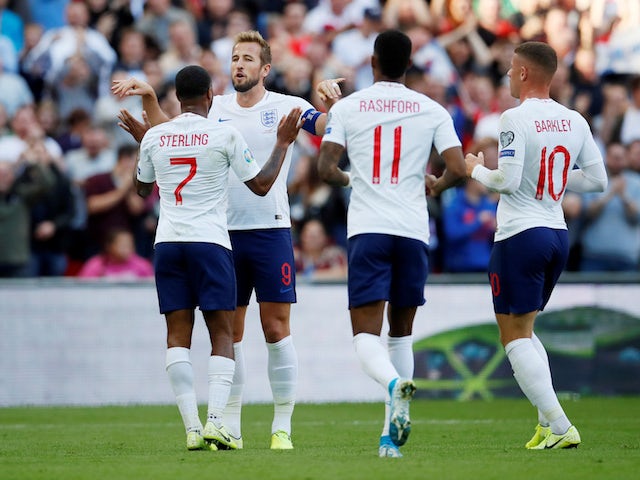 England players celebrate Harry Kane's goal against Bulgaria in their Euro 2020 qualifier on September 7, 2019