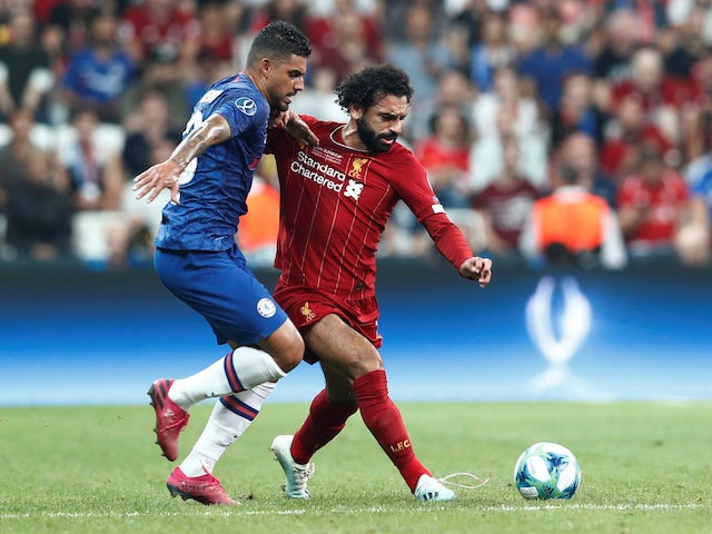Liverpool's Mohamed Salah in action with Chelsea's Emerson Palmieri in the UEFA Super Cup on August 14, 2019