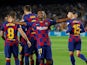 Barcelona's Anssumane Fati celebrates scoring their first goal with team mates on September 14, 2019