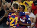 Barcelona's Frenkie de Jong celebrates scoring their second goal with Anssumane Fati on September 14, 2019