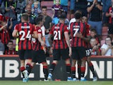 Bournemouth players celebrate their third goal against Everton on September 15, 2019