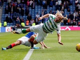 Rangers' Jordan Jones fouls Celtic's Moritz Bauer and is subsequently sent off by referee Bobby Madden on September 1, 2019