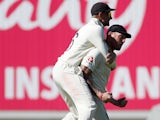 Joe Root mounts Ben Stokes after the wicket of Steve Smith falls on September 15, 2019