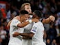 England's Jadon Sancho celebrates scoring their fourth goal with Harry Kane and Raheem Sterling on September 10, 2019