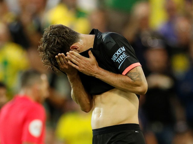 A dejected John Stones during the Premier League game between Norwich City and Manchester City on September 14, 2019
