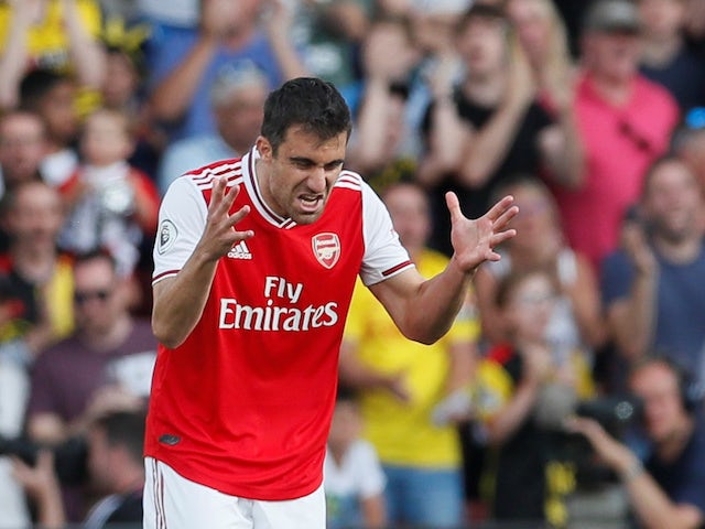 A frustrated Sokratis Papastathopoulos during the Premier League game between Watford and Arsenal on September 15, 2019