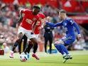 Manchester United's Aaron Wan-Bissaka in action with Leicester City's James Maddison in the Premier League on September 14, 2019