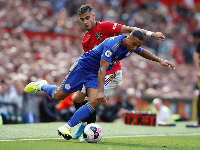 Manchester United's Andreas Pereira in action with Leicester City's Youri Tielemans in the Premier League on September 14, 2019