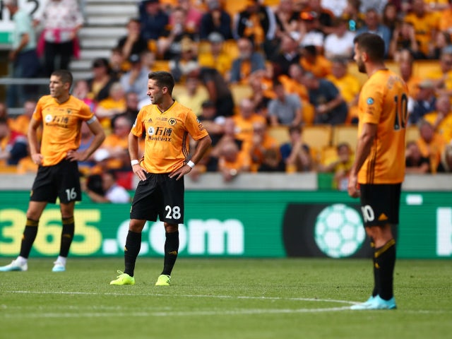 Wolverhampton Wanderers look dejected after conceding a fourth goal against Chelsea on September 14, 2019.