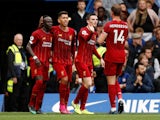 Liverpool celebrate Roberto Firmino's goal against Chelsea in the Premier League on September 22, 2019.