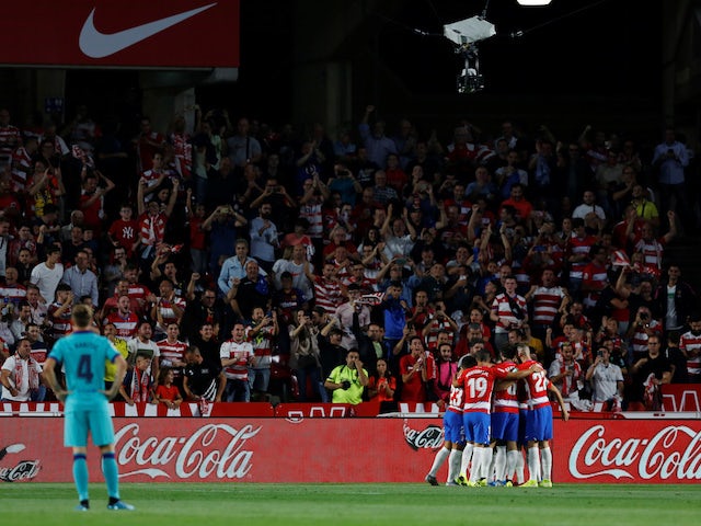 Granada players celebrate Ramon Azeez's goal against Barcelona in La Liga on September 21, 2019