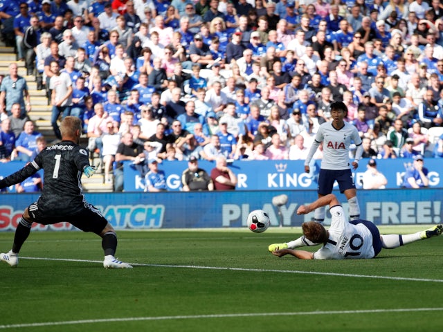 Harry Kane somehow scores for Tottenham Hotspur against Leicester City in the Premier League on September 21, 2019.