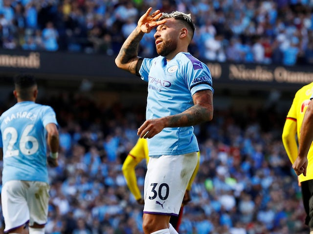 Nicolas Otamendi celebrates scoring Man City's fifth on September 21, 2019