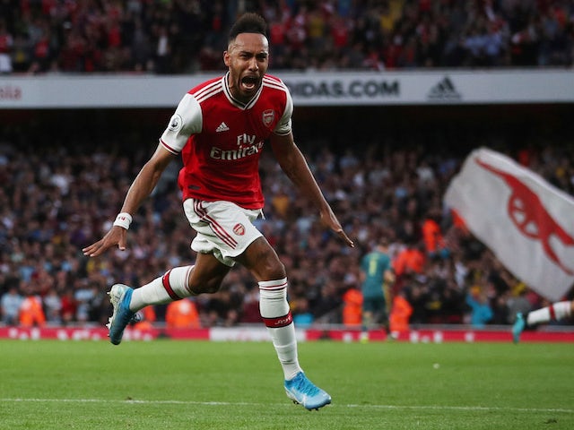 Arsenal's Pierre-Emerick Aubameyang celebrates scoring their third goal on September 22, 2019