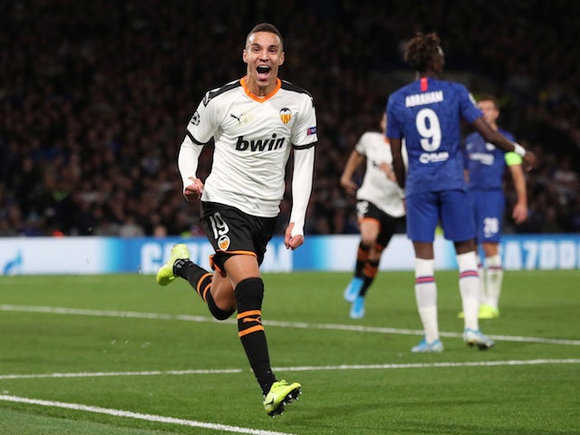 Valencia's Rodrigo Moreno celebrates scoring their first goal on September 17, 2019