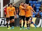 Wolverhampton Wanderers' Diogo Jota celebrates scoring their first goal with Patrick Cutrone and team mates on September 22, 2019