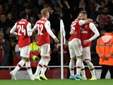 Arsenal's Gabriel Martinelli celebrates scoring their first goal with Calum Chambers on September 24, 2019