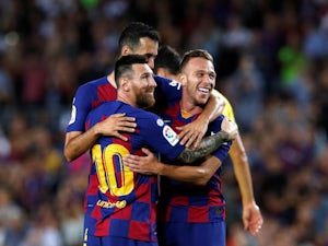 Barcelona celebrate Arthur's goal against Villarreal in La Liga on September 24, 2019.