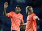 Everton's Tom Davies and Dominic Calvert-Lewin wave to fans at the end of the match against Sheffield Wednesday on September 24, 2019