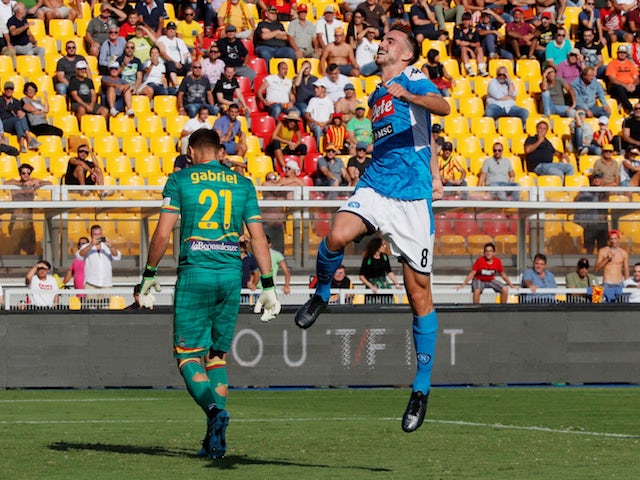 Napoli midfielder Fabian Ruiz celebrates scoring against Lecce in Serie A on September 22, 2019
