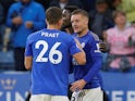 Leicester City's Jamie Vardy celebrates scoring their fourth goal with teammates against Newcastle on September 29, 2019