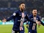 Paris Saint-Germain's Neymar celebrates scoring their first goal against Lyon on September 22, 2019