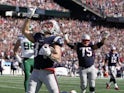 New England Patriots running back Rex Burkhead (34) reacts after his touchdown run against the New York Jets in the third quarter at Gillette Stadium on September 22, 2019
