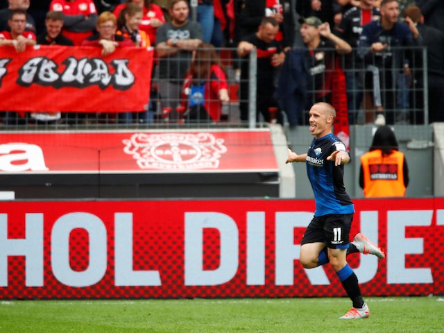 Paderborn's Sven Michel celebrates scoring against Bayer Leverkusen in the Bundesliga on August 17, 2019