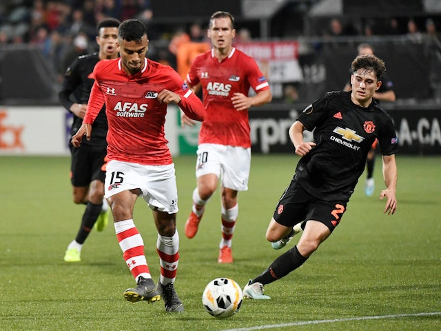Manchester United's Daniel James in action with AZ's Owen Wijndal in the Europa League on October 3, 2019
