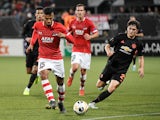 Manchester United's Daniel James in action with AZ's Owen Wijndal in the Europa League on October 3, 2019