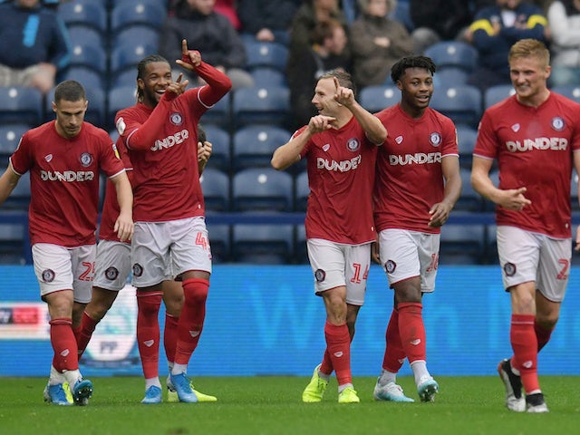 Bristol City's Andreas Weimann celebrates scoring their second goal with team mates in September 2019