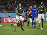 South Africa's Cheslin Kolbe celebrates scoring their first try against Italy on October 4, 2019