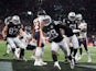 Oakland Raiders running back Josh Jacobs (28) celebrates after scoring on a 12-yard touchdown run in the first quarter against the Chicago Bears during an NFL International Series game at Tottenham Hotspur Stadium on October 6, 2019