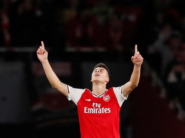 Arsenal's Gabriel Martinelli celebrates scoring their second goal against Standard Liege on October 3, 2019