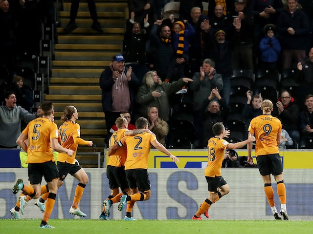 Hull City's Tom Eaves celebrates scoring their first goal against Sheffield Wednesday on October 1, 2019