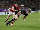 New Zealand's Jordie Barrett scores their second try against Canada on October 2, 2019