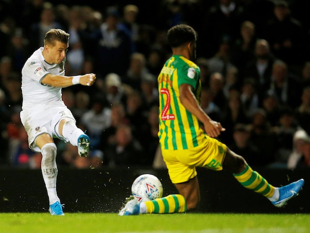 Leeds United's Ezgjan Alioski scores their first goal against West Bromwich Albion on October 1, 2019