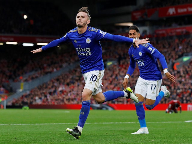 Leicester City's James Maddison celebrates scoring their first goal with Ayoze Perez on October 5, 2019