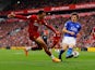 Liverpool's Trent Alexander-Arnold in action with Leicester City's Caglar Soyuncu