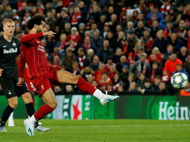 Liverpool's Mohamed Salah scores their fourth goal against Red Bull Salzburg on October 2, 2019