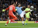 Manchester City's Sergio Aguero in action with GNK Dinamo Zagreb's Dominik Livakovic on October 1, 2019