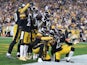 The Pittsburgh Steelers defense celebrates an interception in the end-zone by inside linebacker Mark Barron (26) against the Cincinnati Bengals during the fourth quarter at Heinz Field on October 1, 2019